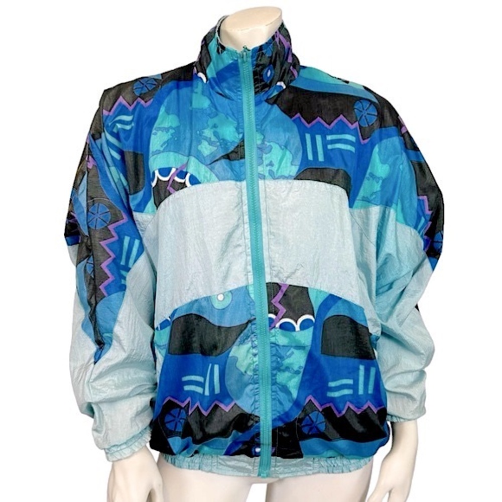 VINTAGE 90’s EuroJoy Blue Postmodern Abstract Print Windbreaker Bomber Jaclet